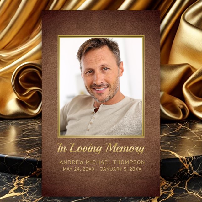 I Loving Memory Brown Guld-fotostatkort Visitkort (In Loving Memory Faux Brown Leather Photo Funeral Card with Poem for men)