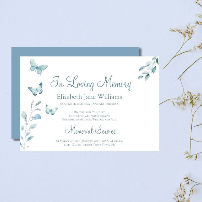 I Loving Memory Funeral Dusty Blue Butterfly Inbjudningar (Skapare uppladdad)