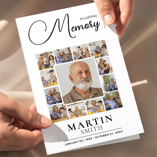 I Loving Memory Obituary Photo Collage Funeral Reklamblad (funeral program booklet mockup with hands, elegant memorial design on soft fabric background)