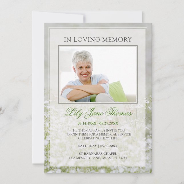 I Loving Memory Simple White Meadow Funeral Photo Inbjudningar (Framsida)