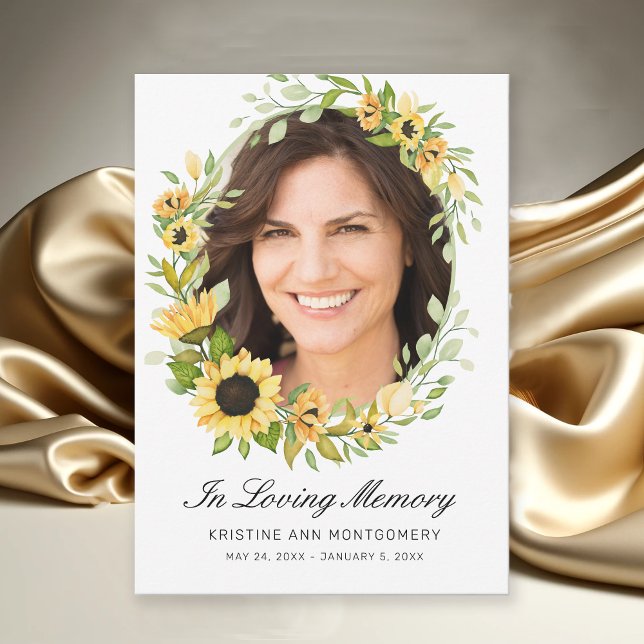 i Loving Memory Solros Black Script Photo Tack Kort (Modern Yellow Sunflowers Floral Photo Memorial Funeral Thank You Card.)