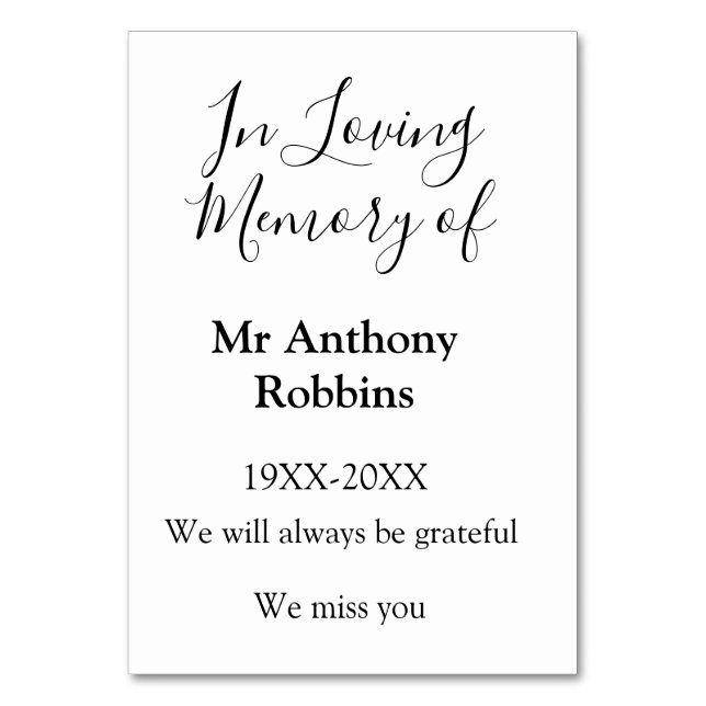 I Loving minne av namn begravningsminne Bordsnummer (Framsidan)