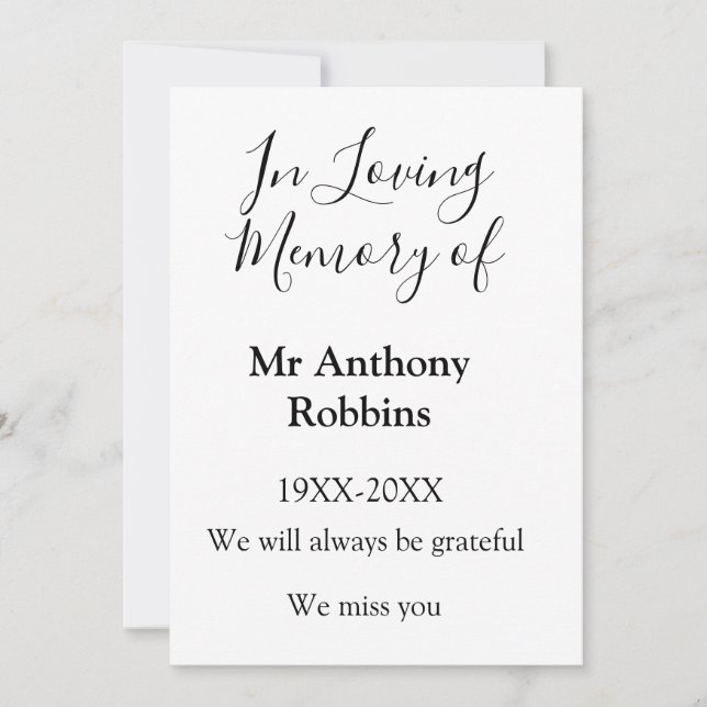 I Loving minne av namn begravningsminne Inbjudningar (Framsida)