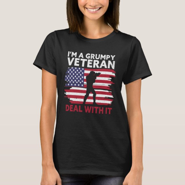 I m a grumpy veteran Deal with it USA Flag America T Shirt (Framsida)