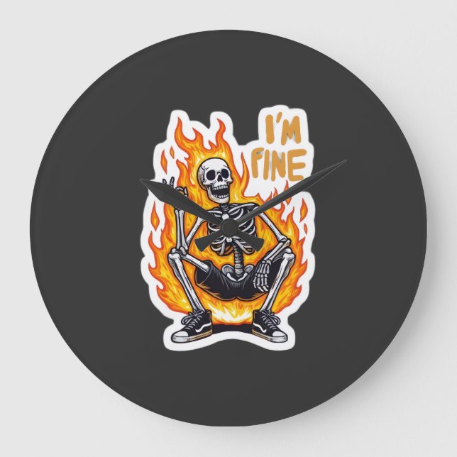 I’m Fine Skeleton on Fire Funny Sticker Illustrati Stor Klocka (Framsida)