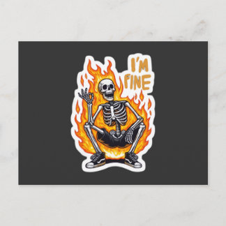 I’m Fine Skeleton on Fire Funny Sticker Illustrati Vykort