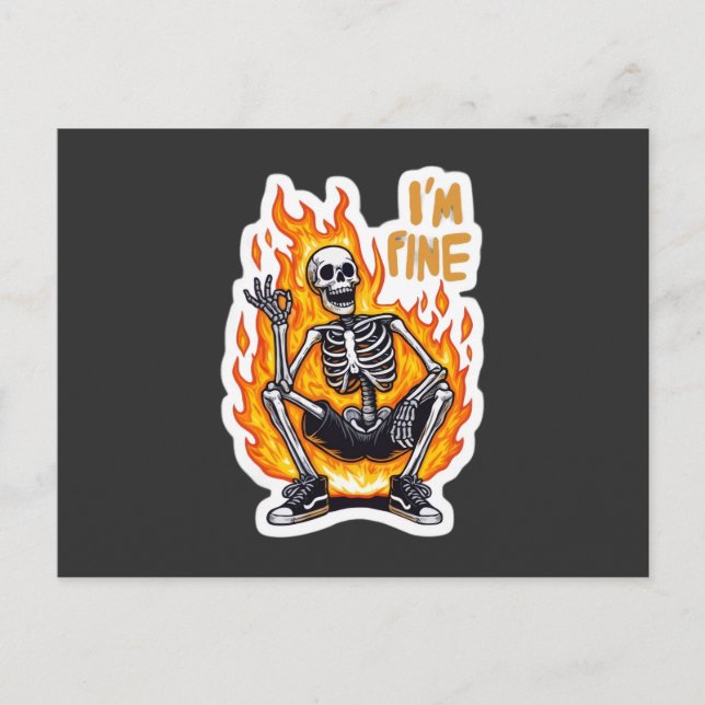 I’m Fine Skeleton on Fire Funny Sticker Illustrati Vykort (Framsida)