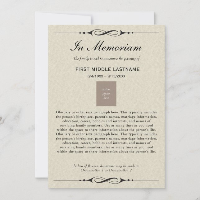 I Memoriam Dödsannonsering med obbituary Meddelande (Framsida)