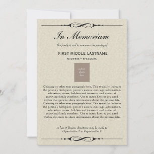 I Memoriam Dödsannonsering med obbituary Meddelande