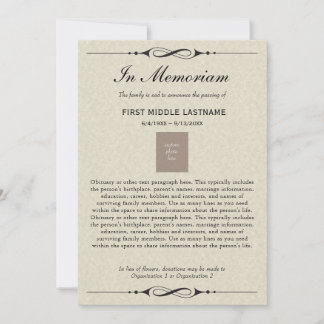 I Memoriam Dödsannonsering med obbituary Meddelande