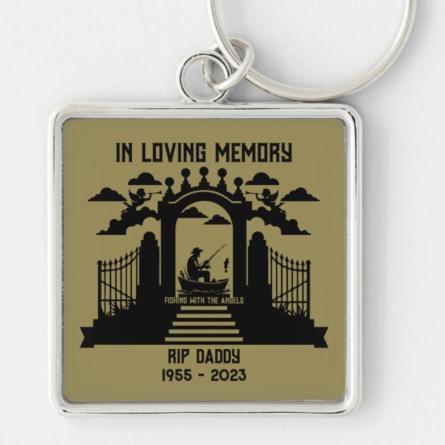 I Memory Fishing Funeral Fyrkantig Silverfärgad Nyckelring (Framsidan)