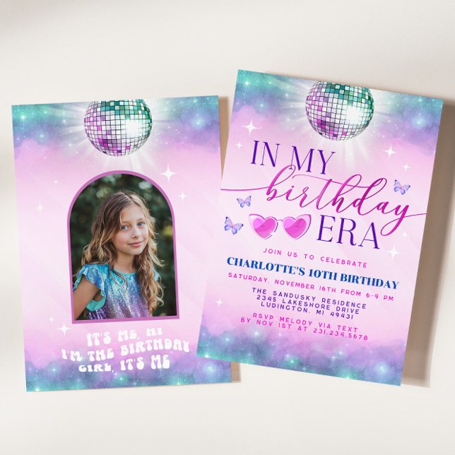 I min födelsedagsinbjudan - Tonåring födelsedagsfl Inbjudningar (In My Birthday Era Invitation - Teen Birthday Girl Music Party Invite - Purple and Blue Eras Party)