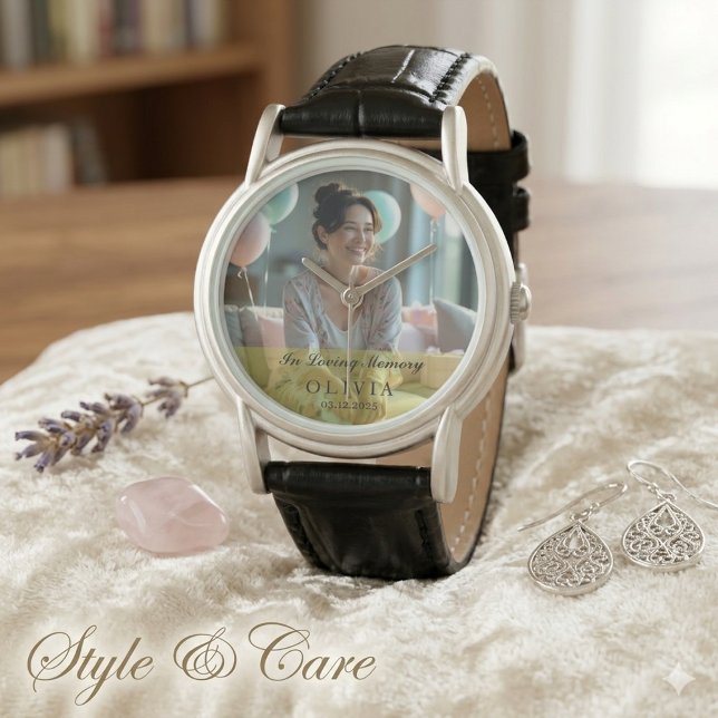 I Minne Foto Klassisk Svart Läder Armbandsur (In Loving Memory Custom Photo Classic Black Leather Watch)