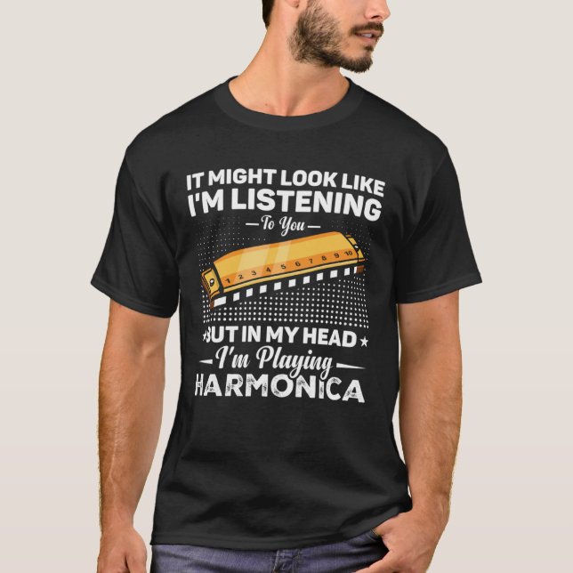 I mitt huvud spelar jag Harmonica Mouth Organ Harm T Shirt (Framsida)