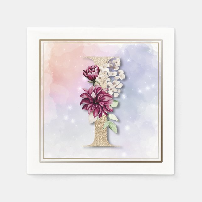 I Monogram Burgundy Blommigt Napkins Pappersservett (Framsidan)