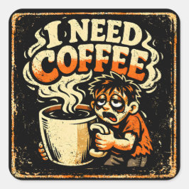 I Need Coffee – Morning Survival Humor Fyrkantigt Klistermärke