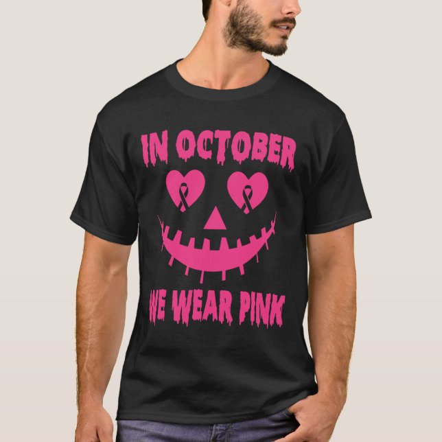 I oktober Bära Rosa Breast Cancer Halloween Pu T Shirt (Framsida)