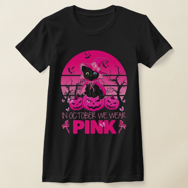 I oktober Bära Rosa Cute Cat Halloween Breast T Shirt (Laydown)