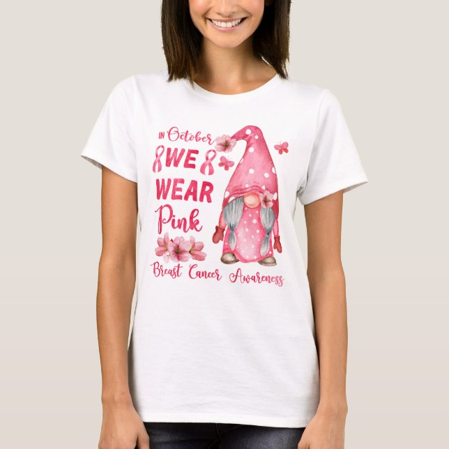 I oktober Bära Rosa Cute Gnome Breast Cancer T Shirt (Framsida)