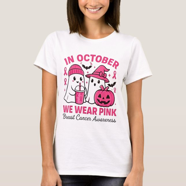 I oktober Bära Rosa Ghost Breast Cancer Awaren T Shirt (Framsida)