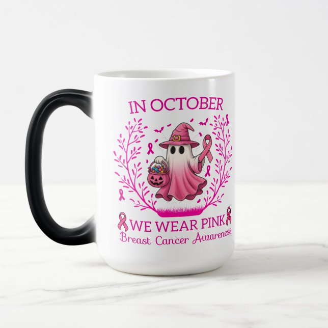 I oktober Bära Rosa Ghost Witch Breast Cancer Magisk Mugg (Vänster)