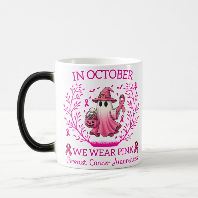 I oktober Bära Rosa Ghost Witch Breast Cancer Magisk Mugg (Vänster)