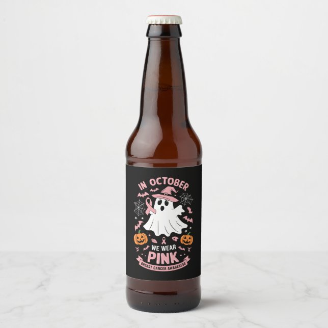 I oktober Bära Rosa Ghost Witch Breast Cancer Ölflaska Etikett (Framsida)