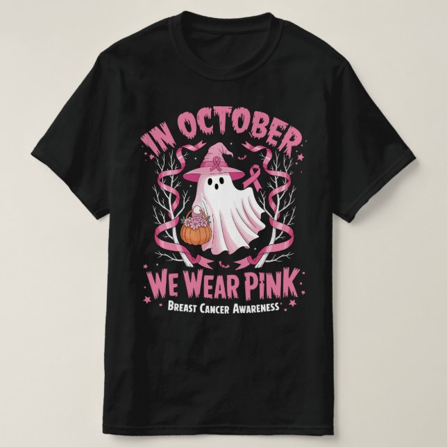 I oktober Bära Rosa Ghost Witch Breast Cancer T Shirt (Design framsida)