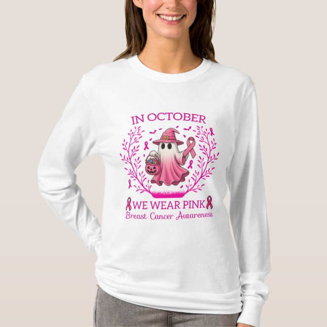 I oktober Bära Rosa Ghost Witch Breast Cancer T Shirt (Framsida)
