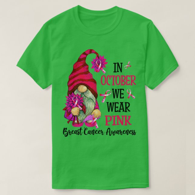 I oktober Bära Rosa Gnome Breast Cancer Awaren T Shirt (Design framsida)