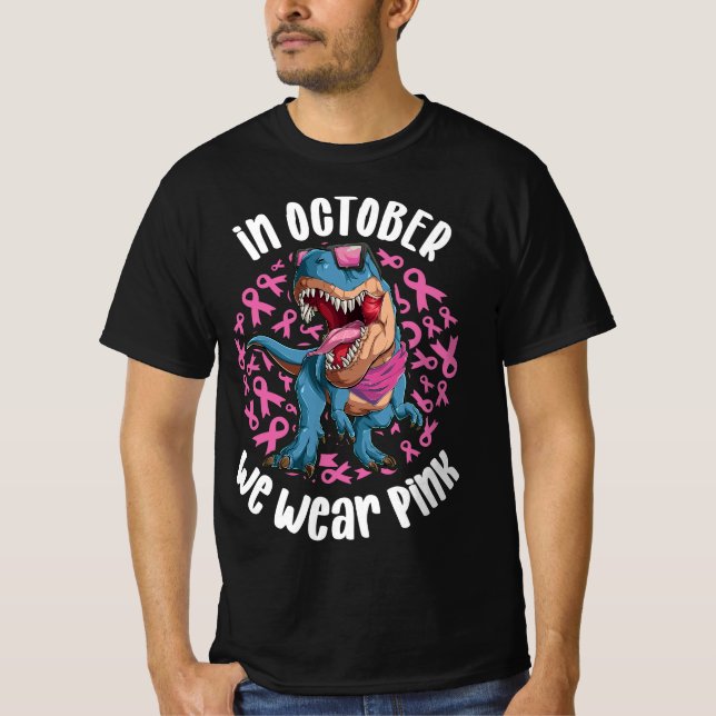 I oktober Bära Rosa Ribbon T-rex Dinosaur T Shirt (Framsida)