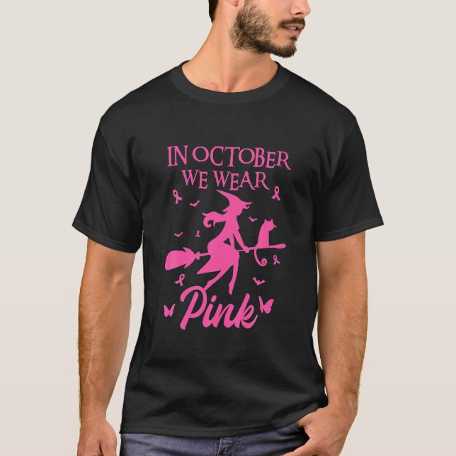 I oktober Bära Rosa Ribbon Witch Halloween T Shirt (Framsida)