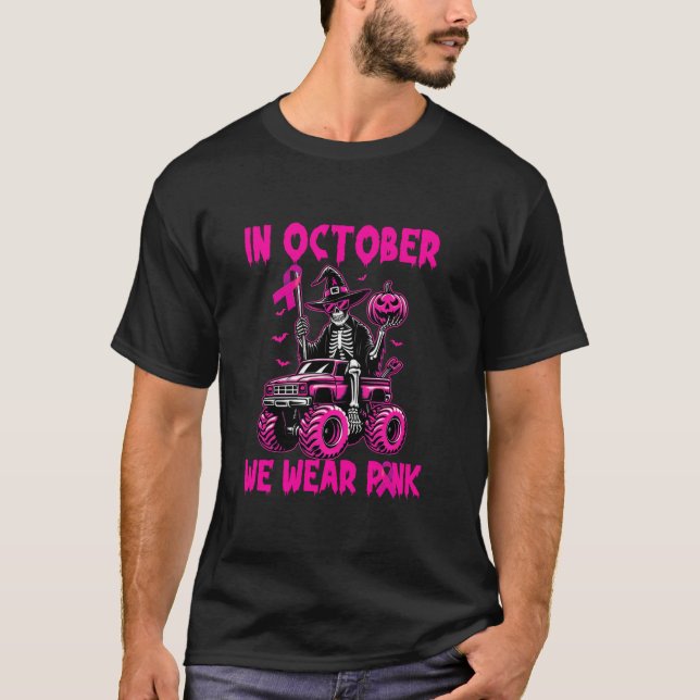 I oktober Bära Rosa Skeleton Halloween Breast T Shirt (Framsida)