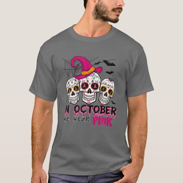 I oktober Bära Rosa Sugar Skull Halloween Brea T Shirt (Framsida)