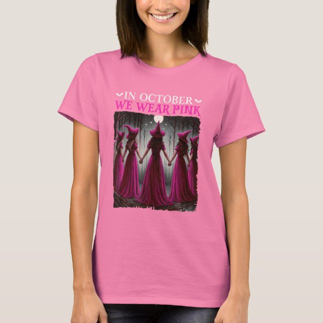 I oktober Bära Rosa Witch Halloween Breast T Shirt (Framsida)