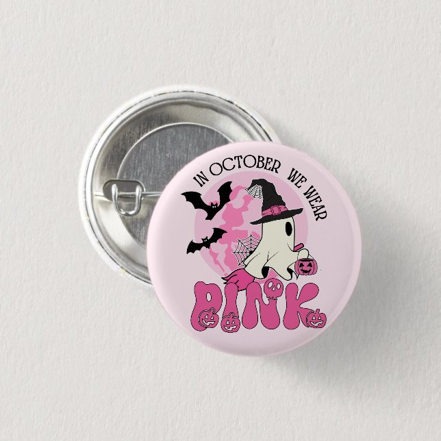 I oktober Bära vi Rosa Ghost Halloween Knapp (Framsida & baksida)