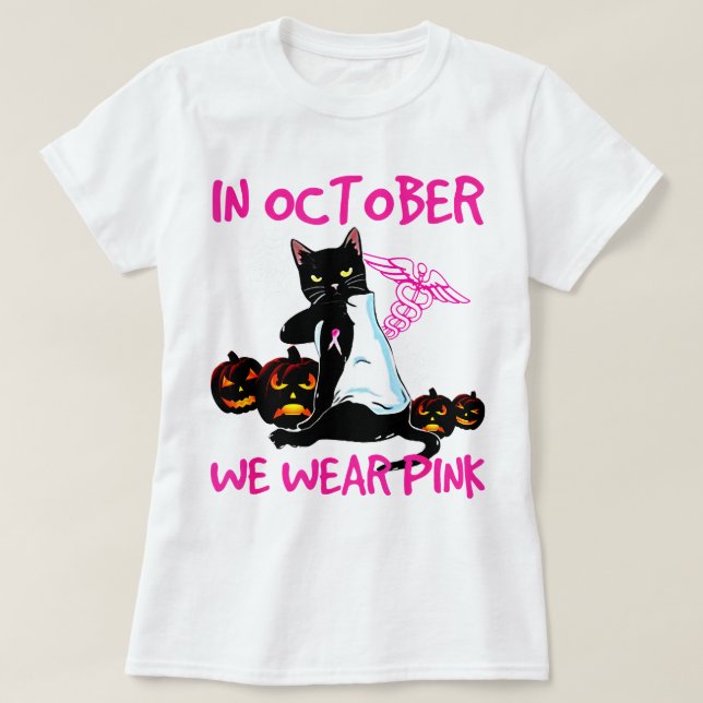 I oktober Bäror vi Rosa Black Cat Breast Cancer... T Shirt (Design framsida)