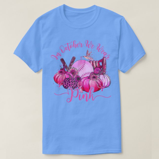I oktober Bäror vi Rosa Breast Cancer Pumpkin Fall T Shirt (Design framsida)
