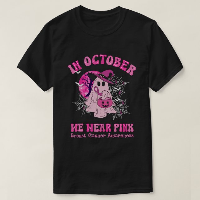 I oktober Bäror vi Rosa Breast Cancer Women Ghost T Shirt (Design framsida)