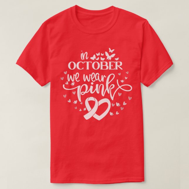 I oktober Bäror vi Rosa Butterflies Breast Cancer T Shirt (Design framsida)