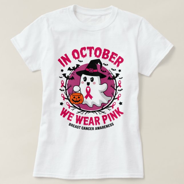 I oktober Bäror vi Rosa Cancer Awareness Halloween T Shirt (Design framsida)