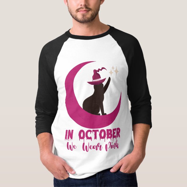 I oktober Bäror vi Rosa Cat Breast Cancer Awarenes T Shirt (Framsida)