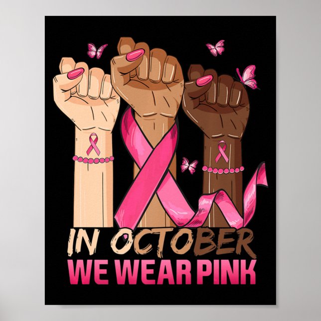 I oktober Bäror vi Rosa Hand Ribbon Breast Cancer Poster (Framsidan)