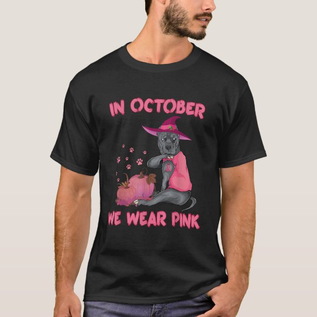 I oktober Bäror vi Rosa Pitbull Hund Breast Cancer T Shirt (Framsida)