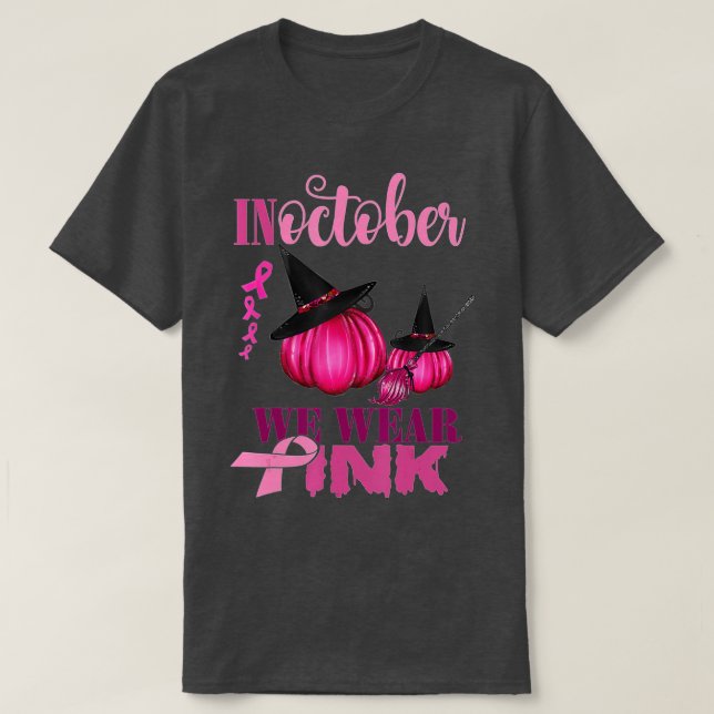 I oktober Bäror vi Rosa Pumpkin Breast Cancer Hall T Shirt (Design framsida)