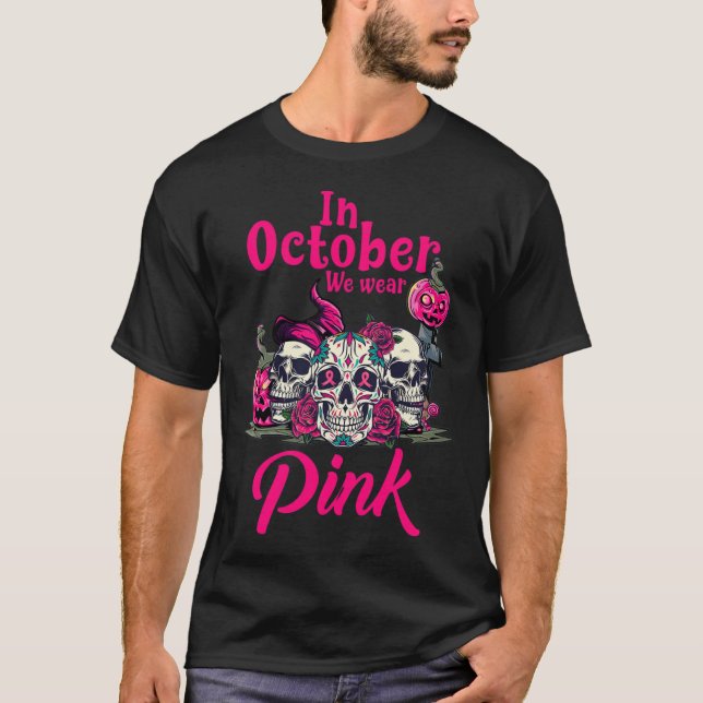 I oktober Bäror vi Rosa Pumpkin Breast Cancer T Shirt (Framsida)