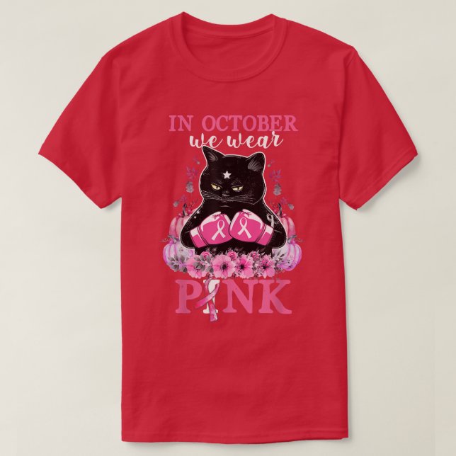 I oktober Bäror vi Rosa Pumpkin Cat Breast Cancer T Shirt (Design framsida)