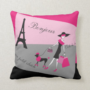 I Paris är kvinna och Hund Rosa och svart Kudde