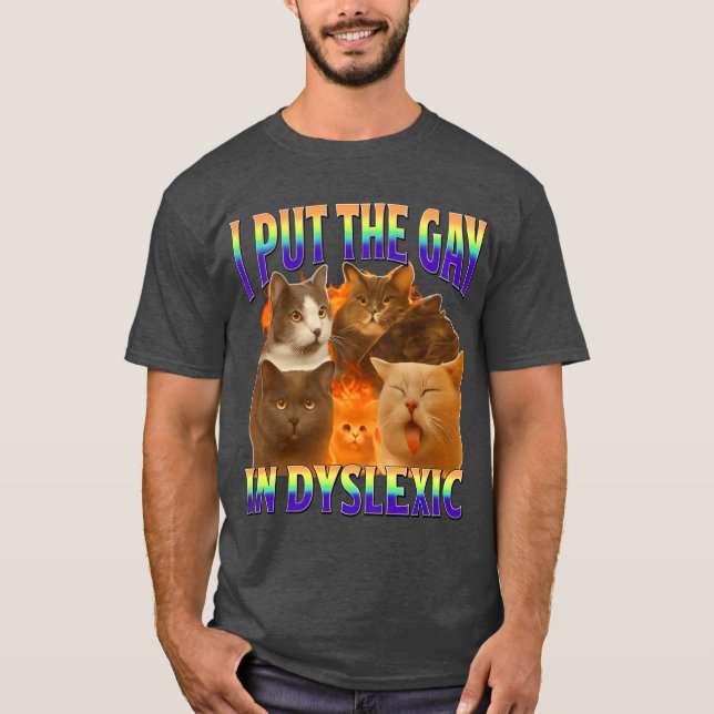 i put the gay in dysleic funny cat meme gift t shirt (Framsida)