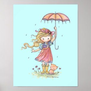 I Rain Little Girl och Kitten Nursery Art Poster